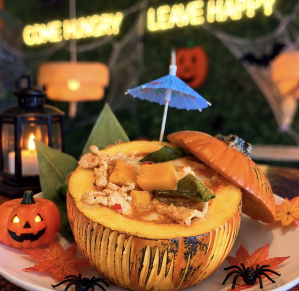 Pumpkin dish served in a real pumpkin